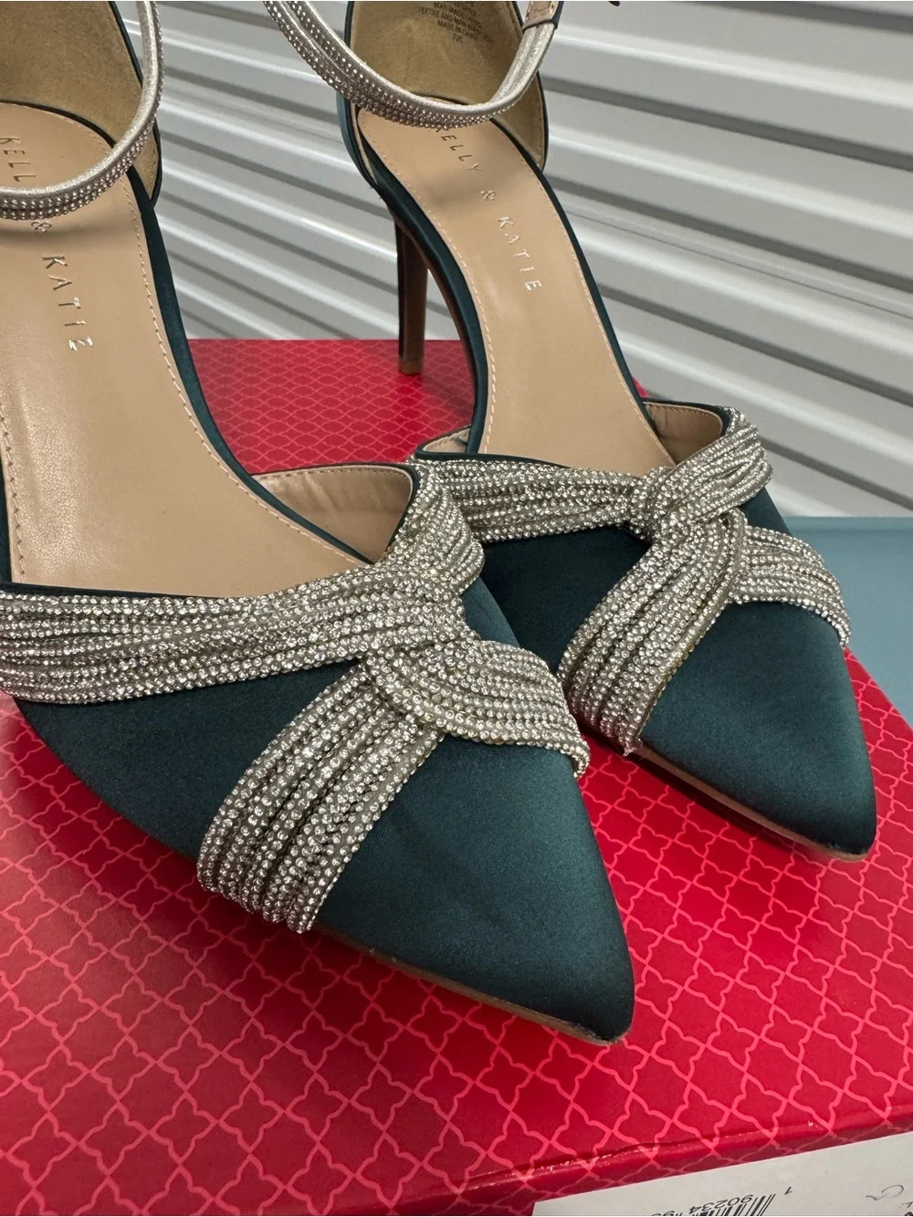 Like New Kelly & Katie Green/Blue satin heels with silver rhinestone bow detail